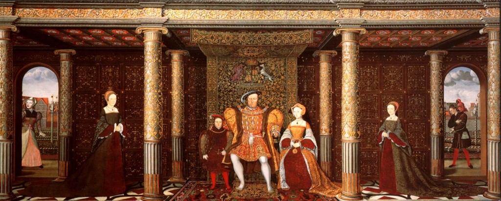 The Family of Henry VIII c.1545, artist unknown - Left to Right: 'Mother Jak', Lady Mary, Prince Edward, Henry VIII, Jane Seymour, Lady Elizabeth and Will Somers